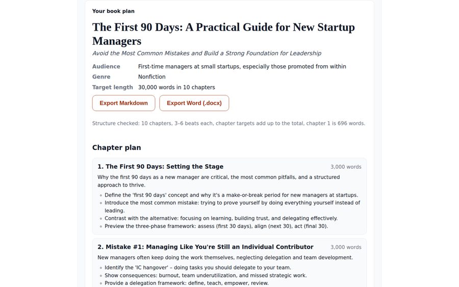 Screenshot of a book plan page with title, audience and chapter list