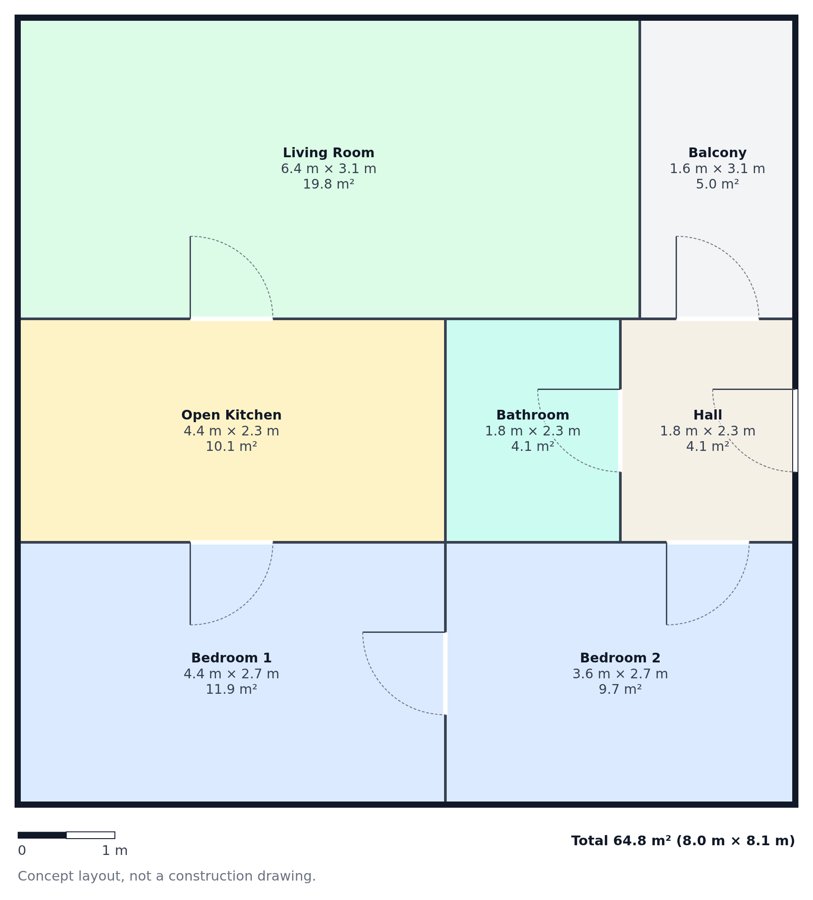 A two-bedroom apartment floor plan with room labels and sizes